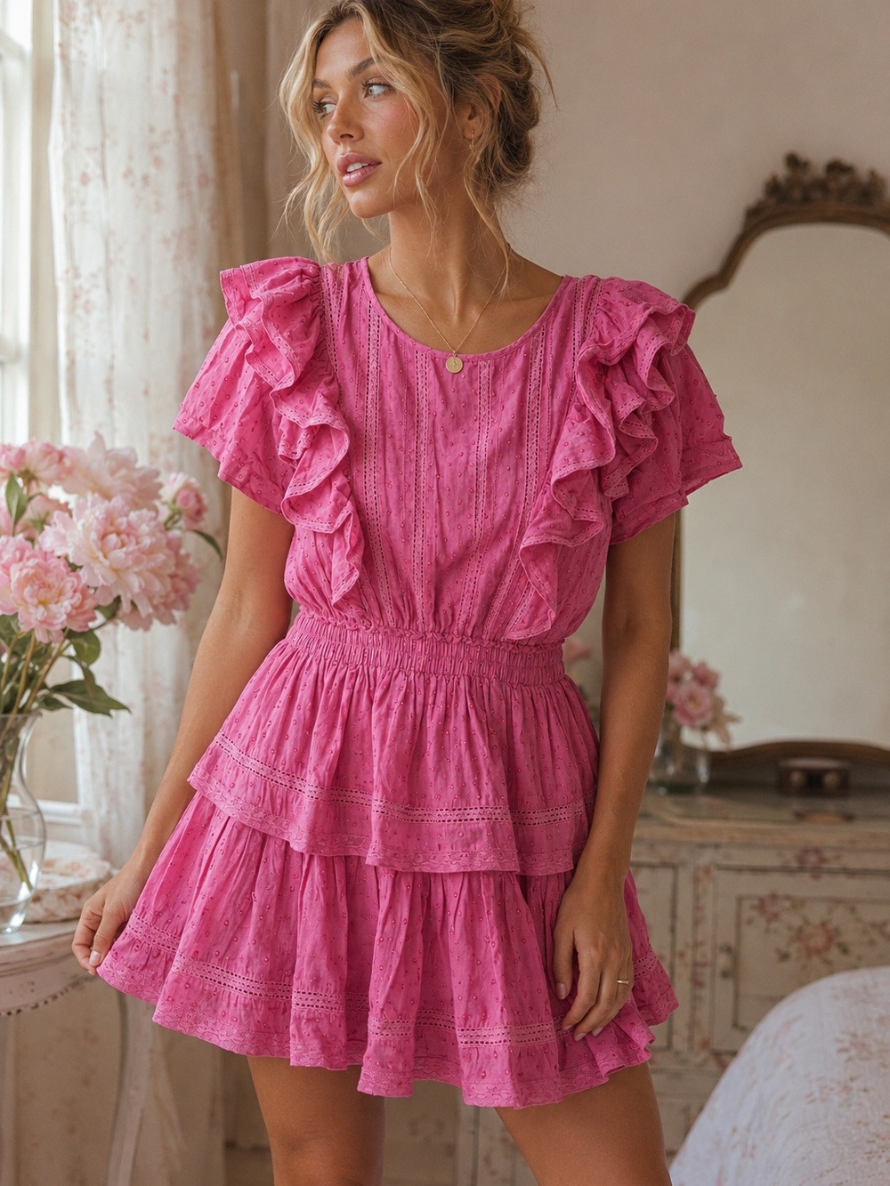 LoveShackFancy Pink Swiss Dot Ruffle Mini Dress Size M Cottagecore Romantic - Picture 1 of 8